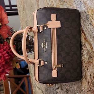 Coach Rowan Satchel Signature Brown and Blush Pink